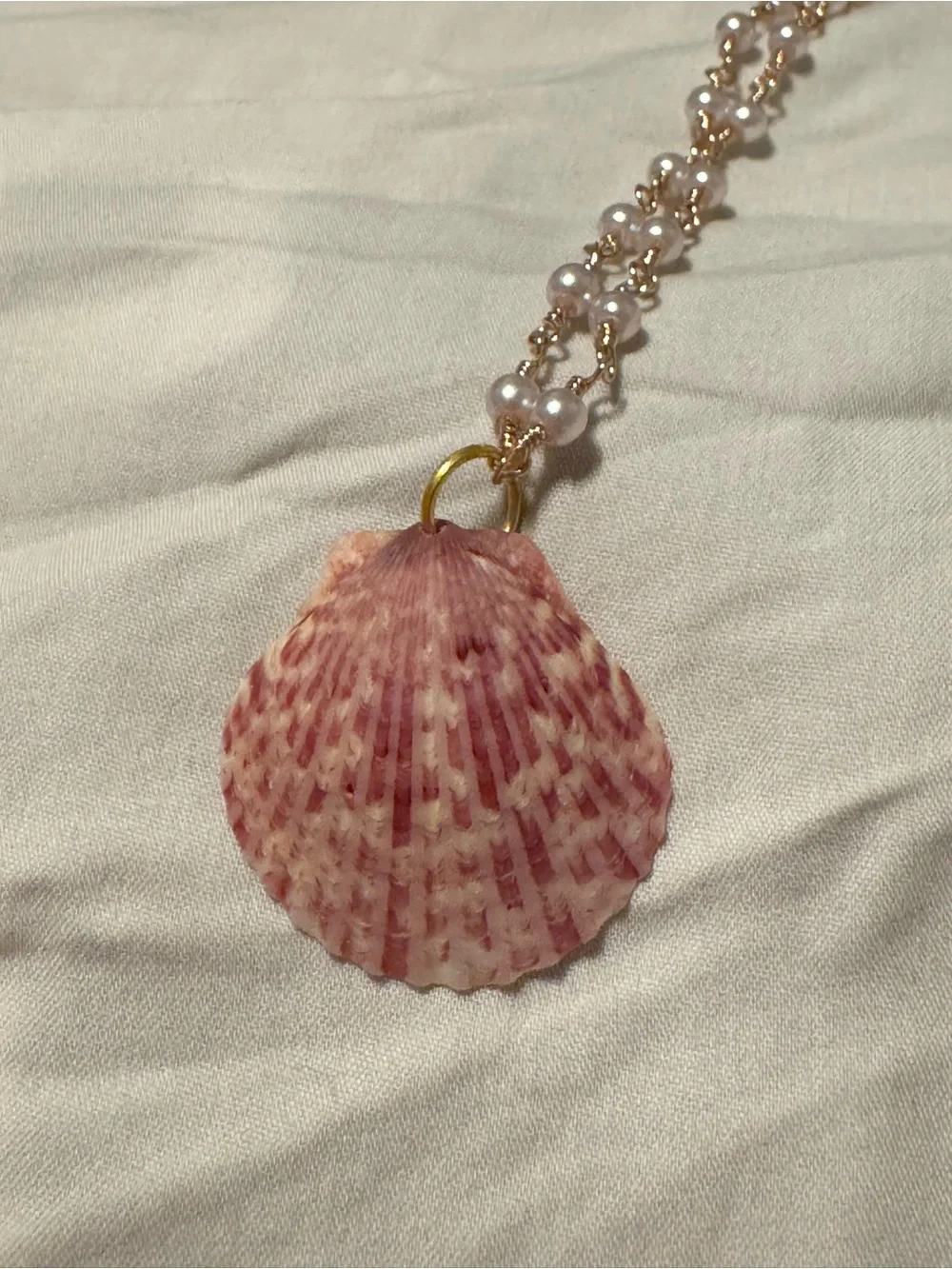 Gold Pearl Chain Necklace with Pink Shell Pendant - Picture 8 of 12